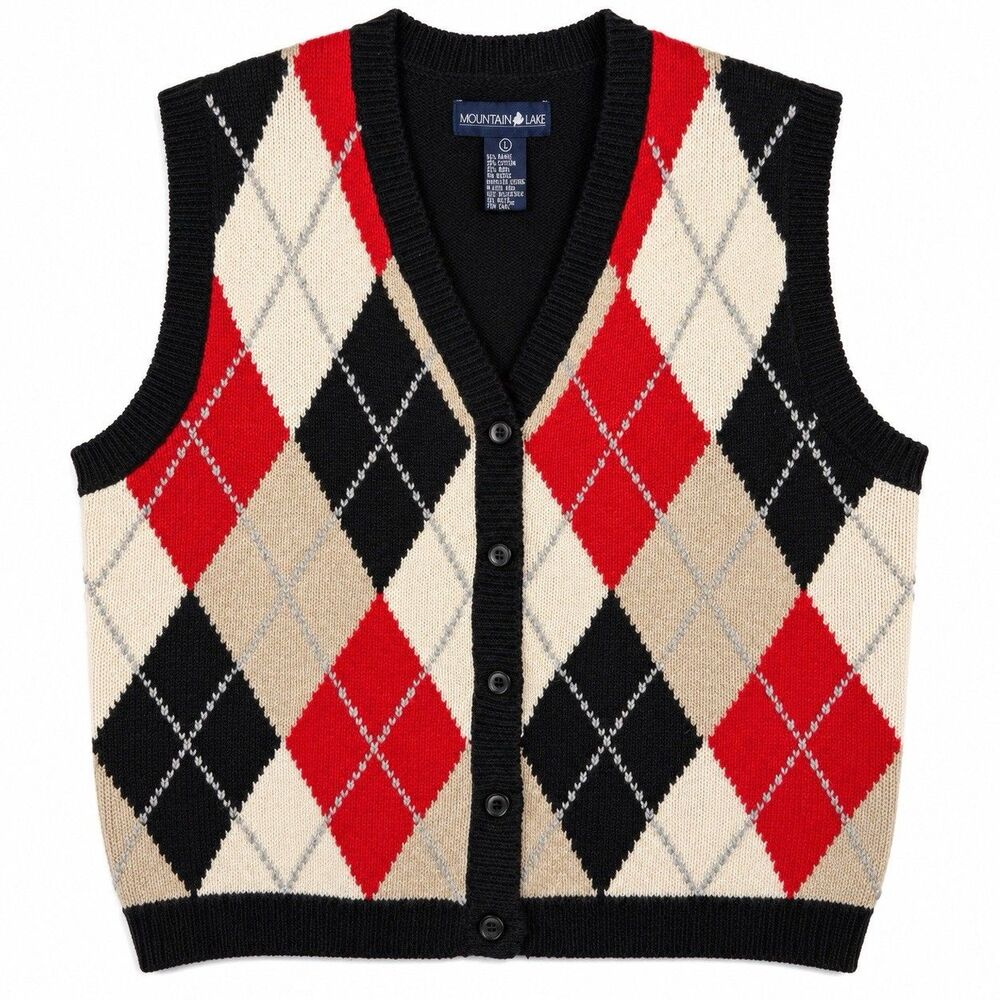 Vintage Mountain Lake Womens Large Argyle Sweater Vest Wool Blend Preppy 90s